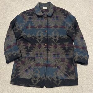 Vintage Aztec Jacket Womens Large Southwest Cowgirl Lands End Blanket Coat 90s